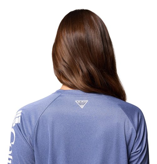 Columbia Womens PFG Tidal Tee II Long Sleeve Sun Protection Shirt, Bluebell Heather/White Logo, XX-Large