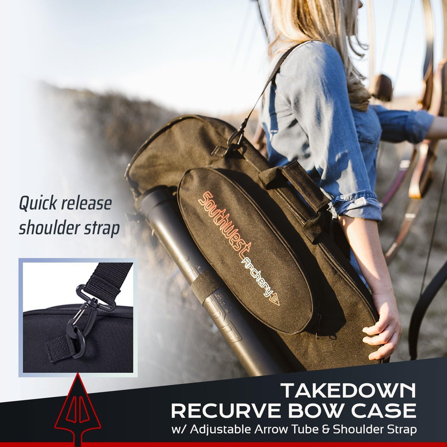 Southwest Archery Universal Takedown Recurve Bow Case | Fully padded foam case includes adjustable Arrow Tube and Large Outside Pocket for Accessories - Perfect for travel