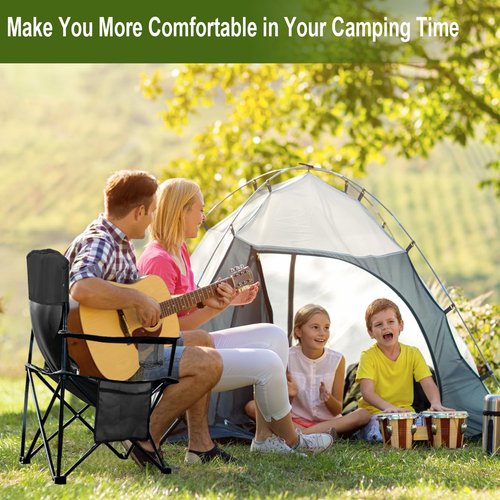 SAILARY 2PCS Folding Camping Collapsible Chairs Heavy Duty Lawn Chair with Cooler Bag, Storage Pocket, Waterproof Bag Outdoor Arm Chair, Supports 225LBS, Black