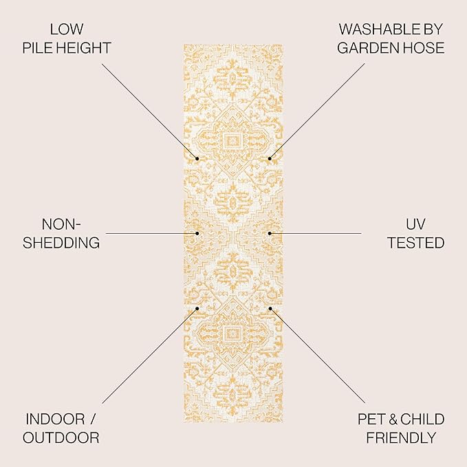 JONATHAN Y SMB105H-28 Estrella Bohemian Medallion Textured Weave Indoor Outdoor Runner Rug, Coastal Traditional Transitional Easy Cleaning,Bedroom,Kitchen,Backyard,Patio, Cream/Yellow, 2 X 8