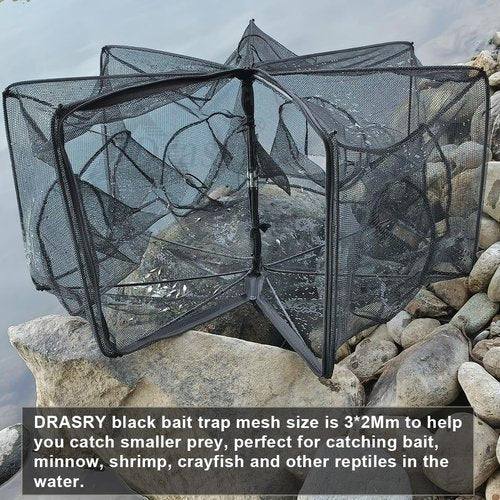 Drasry Black Fishing Bait Trap Foldable Fish Net for Minnow Crab Crayfish Crawdad Shrimp Trap Cast Net Dip Cage Collapsible Easy Use 4 6 Hole Fishing Accessories (Black-4 Holes)