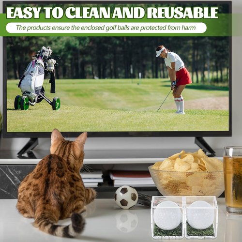 Tioncy 2 Pcs UV Protected Golf Ball Holder Display Case with Turf 2x2 x2 Inch Clear Acrylic Golf Ball Hole in one Stand Display Case Storage Box for Memorabilia Autograph Souvenir Collection