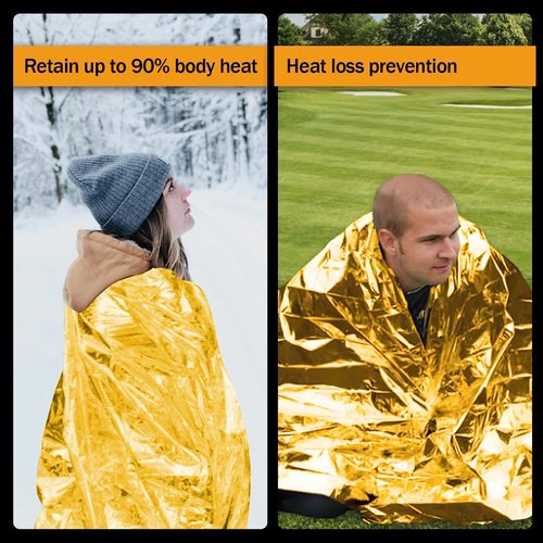 SET007 50 Pack Emergency Mylar Thermal Blankets - 82"x62" Waterproof Heat Reflective Blankets, Bulk Rescue Blanket for Survival, Camping, Marathons, Bug Out Bag, First Aid, Golden