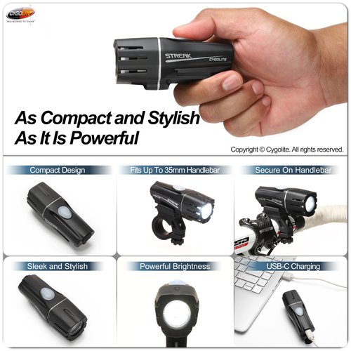 Cygolite Streak 600 Lumen Bicycle Light – 7 Light Modes – Use Day and Night – Compact, Durable, IP67 Waterproof– Secure Hard Mount– USB-C Rechargeable – for Road, Mountain, Commuter Bicycles