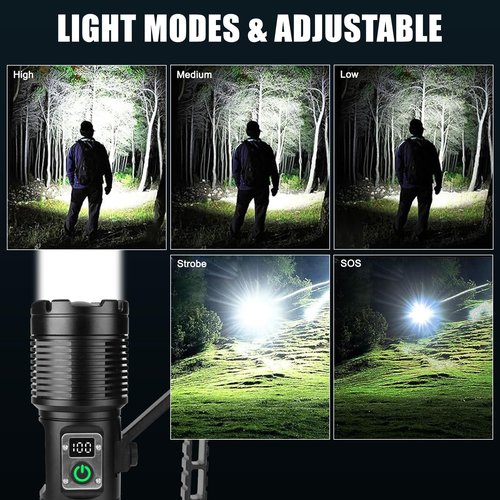 Flashlights High Lumens, Rechargeable Flashlights with Cob Taillight, 2500 Lumens Super Bright Flashlight, Flash Light with 11 Modes for Camping Emergencies Outdoors