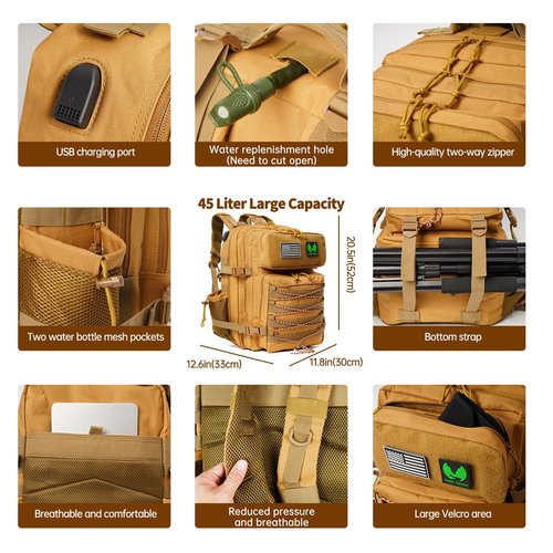 Green Canyon 45L Tactical Assault Backpack with Molle and Charging Port, Water Resistant Military Backpack for Men Women Hiking Rucksack 3 Day Bug Out Bag, Khaki