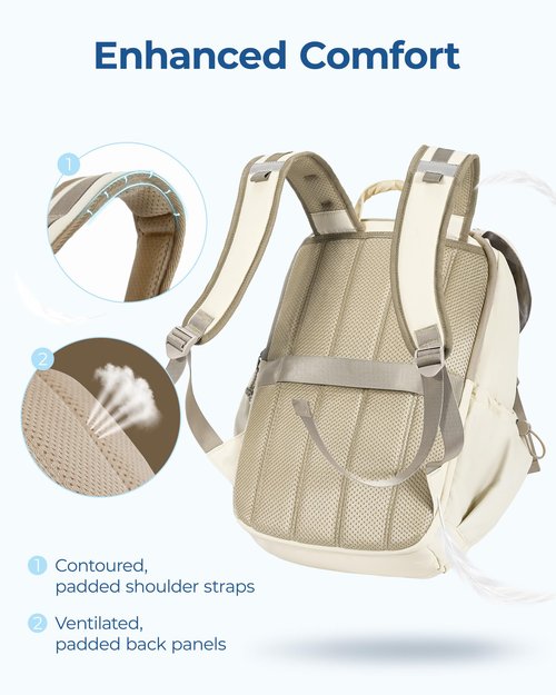 BAGSMART Backpack for Women, Wide Opening Travel Backpack, College Backpack for 15.6 Inch, Water-Resistant Quilted Daypack Lightweight Bookbag, Beige