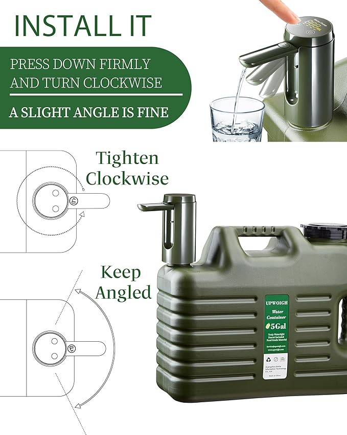 UPWOIGH Portable 5 Gallon Water Jug with Automatic Touch Control Pump,Truly No Leakage Water Container with Spigot,Type-C Rechargeable Military Green Water Pump Gear for Outdoors Camping Hiking