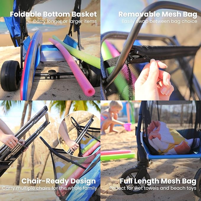 Large Wheeled Collapsible Beach Cart for Soft Sand, Shopping, Camping & Garden- Lightweight Aluminum Frame- Removable Storage Bag with Carrying Straps, X-L Capacity & Cooler Rack (Blue)