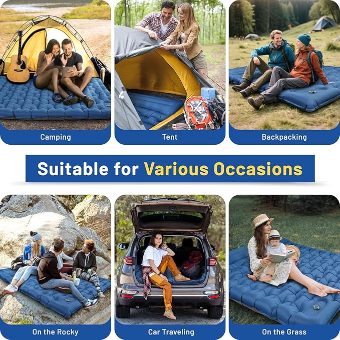 Double Sleeping Pad, 6" Extra Thick Portable Camping Sleeping Pad with Pillows & Built-in Foot Pump, Ultralight Camping Mat for Backpacking, Hiking, Traveling, Tent, Car Camp Gear