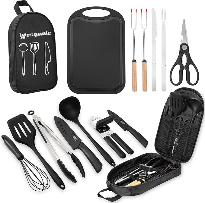 Camping Essentials Cookware Cooking Utensils Set - Portable Camp Kitchen Mess Kit Outdoor Accessories, Stainless Steel & Silicone, Camping Gear Equipment for RV Picnic Grill