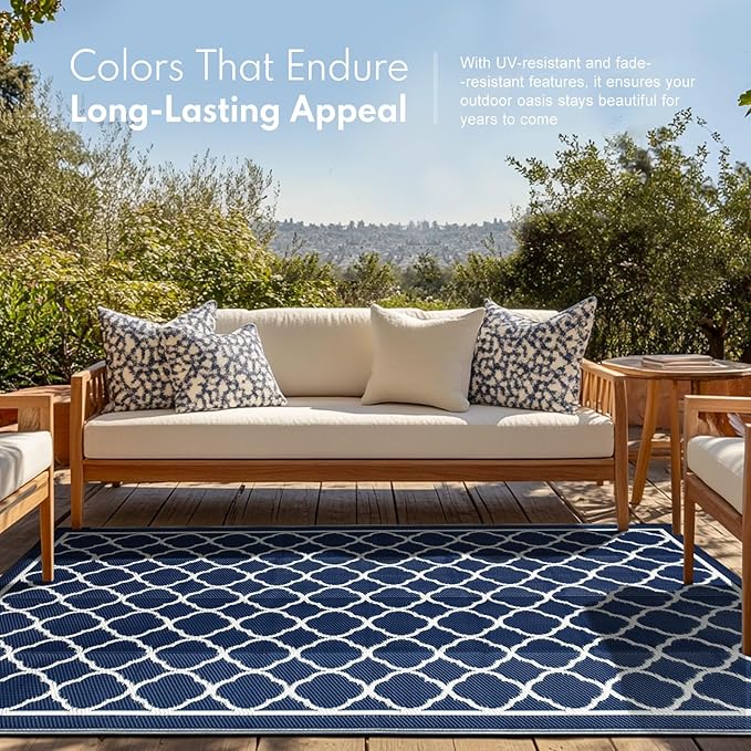 Waterproof Outdoor Rug 4x6 ft, Reversible Plastic Straw Rug, Easy to Clean Patio Rug, Portable Carpet for Patio, RV, Deck, Balcony, Backyard, Picnic, Beach, Clover, Navy Blue