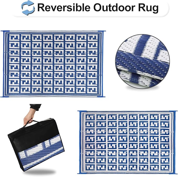 OutdoorLines Outdoor Plastic Area Rugs for Patio 5x8 ft - Reversible Outside Carpet, Stain & UV Resistant RV Mats, Straw Rug for Camping, Deck Garden, Porch and Balcony, Geometry Navy & Light Grey