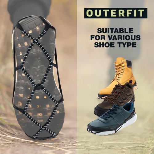 Outerfit Ice Cleats for Shoes and Boots Men and Women, Overshoe Non-Slip Crampons with Zinc Coated Steel Coils, Shoe Spikes for Snow and Ice, Snow Cleats, Ice Grips for Hiking, Fishing, Walking