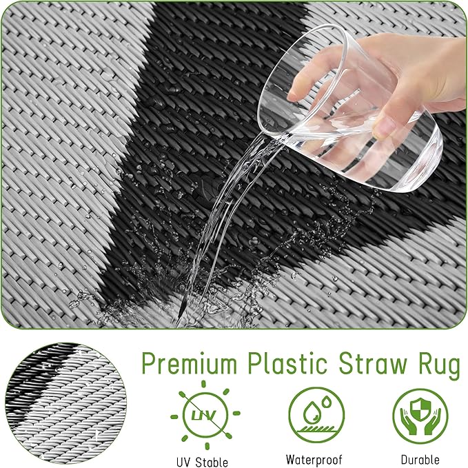 Easy-Going Reversible Outdoor Rugs 5x8ft Waterproof Plastic Straw Rug Stain & UV Resistant Floor Mat for Patio Porch RV Backyard Pool Deck Picnic Beach Trailer Camping (Waved Black & Light Grey)