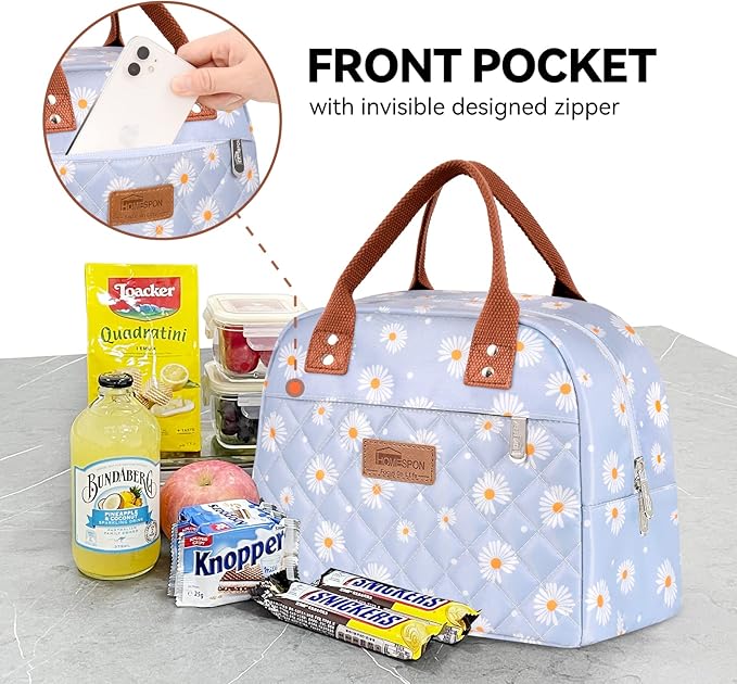 HOMESPON Insulated Lunch Bag for Women Men Adults Lunch Tote with Front Pocket Lunch Box Container Cooler Bag for Work Picnic (Blue Daisy)
