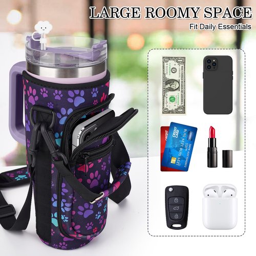 Water Bottle Holder Carrier Bag with Large Phone Pocket,Neoprene Water Bottle Carrier with Strap for Stanley 40 OZ Tumbler, Wrap Around Drink Purse Cup Holder with Straw Cover Accessories