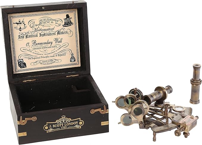 OCEAN REPLICAS J. Scott London Brass Ship History Sextant with Hardwood Box. Vintage Solid Antique Brass Nautical Functional Maritime Sextant | Nautical Navy Decor Gifts
