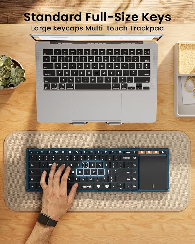 ProtoArc Foldable Keyboard with Touchpad, XK01 TP Folding Portable Keyboard, Full Size Keys, Large Trackpad Bluetooth Travel Keyboards for iPad Laptop PC Tablets - Blue