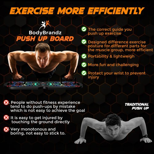 BodyBrandz Push Up Board – Pushup Board Exercise Equipment with Resistance Bands, Pushup Handles – Fitness Equipment for Strength Training, Full-Body Workout – Foldable Push Up Board for Home, Gym