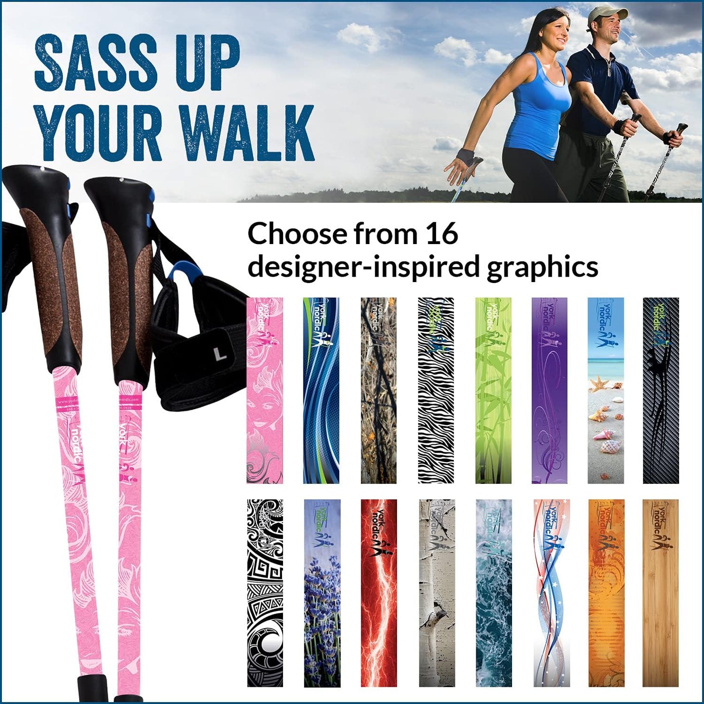 York Nordic Hiking & Walking Poles - Cushion Foam Grips w/Nordic Strap - Lightweight, Adjustable, and Great for Balance -2 Pieces w/Flip Locks, and Travel Bag - Heights 5'4"-6'2"