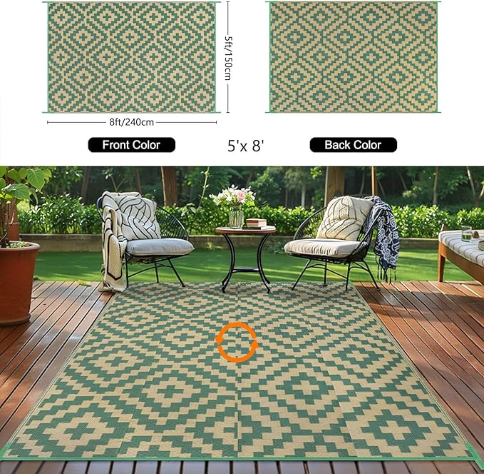 Outdoor Patio Plastic Straw Rug - 5'x8' Outdoor Camping Rug Waterproof Reversible, Area Carpet Patios Clearance RV, Outside Porch Balcony Deck for Camper, Green & Yellow