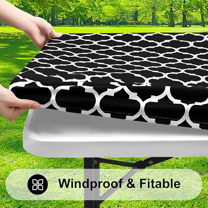 Smiry Rectangle Picnic Table Cover, Waterproof Elastic Fitted Camping Tablecloths for 5 Foot Tables, Wipeable Flannel Backed Vinyl Tablecloth Protector for Indoor, Outdoor (Black, 30x60 Inches)
