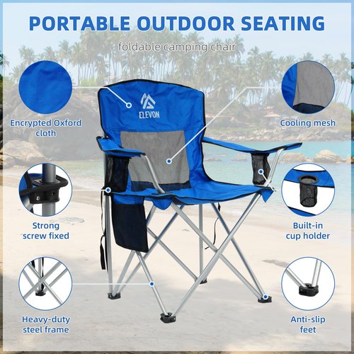 Elevon Camp Chairs Outdoor, Folding Chair Camping Recliner Support Mesh Backrest, Lawn Chair with Cup Holder, Storage Pocket, Carrying Bag, Blue