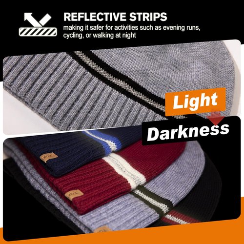 TOP-EX M/L/XL 50% Merino Wool Skull Cap for Men Women Warm Winter Beanie Hats Double Layer Knit Hat with Reflective Strips Soft Cold Weather Hat Large Head Grey