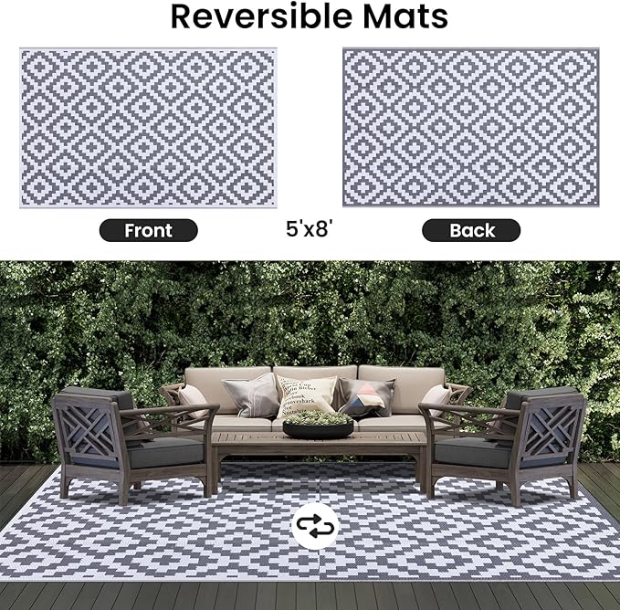 Smiry Waterproof Outdoor Rug 5x8 ft, Reversible Plastic Straw Patio Camping Rugs, Outdoor Indoor RV Mat Carpet for Patio, Outside Entry, Backyard, Deck, Bench, Picnic, Camper, White & Grey