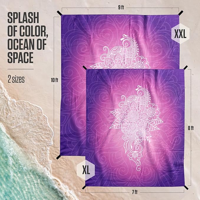 VENTURE 4TH Family-Size Beach Blanket: Sandproof, Waterproof, Lightweight & Compact. Includes Stakes and Carry Bag. 7x8 feet XL Purple Mandala