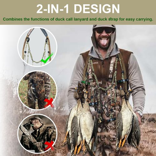 Vecacosic 2 in 1 Duck Call Lanyard Duck Strap Carrier for Hunting Adjustable Nylon Game Call Lanyard 6 Calls with 12 Slip Rings Waterfowl Game Duck Carrier, Double Locking Duck Hunting Accessories