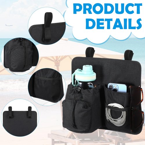Cosblank Beach Chair Cup Holder Attachment Nylon Chair Drink Holder Phone Water Bottle Holder Organizer 4 Pockets with 2 Self Adhesive Strap for Patio Lounger, Foldable Camping Chair(Black)