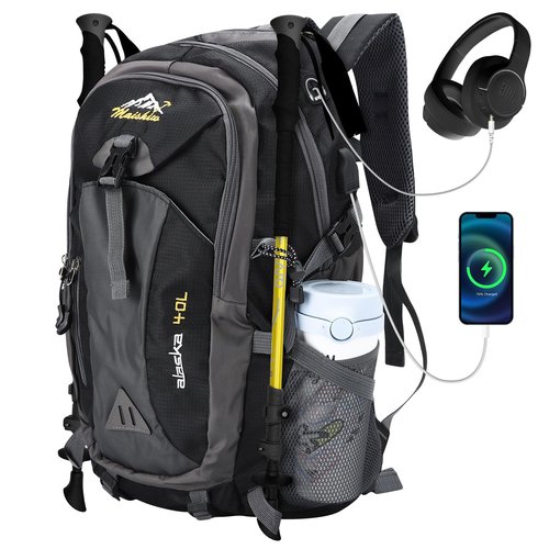 HaetFire Hiking Backpack 40L Lightweight Breathable Back Pack for Men Women Travel Camping Daypack Bag, Waterproof Rucksack Packable for Cycling Climbing Walking Mountaineer Outdoor Sports Black