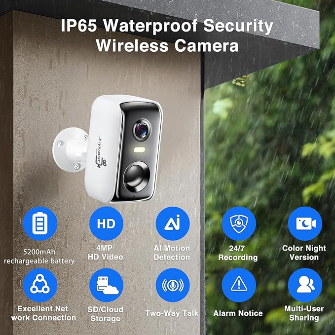 Security Cameras Wireless Outdoor,2K WiFi Cameras for Home Security,Battery Powered AI Motion Detection Cameras,Color Vision Night,2-Way Audio,Ip65,Cloud/SD Storage