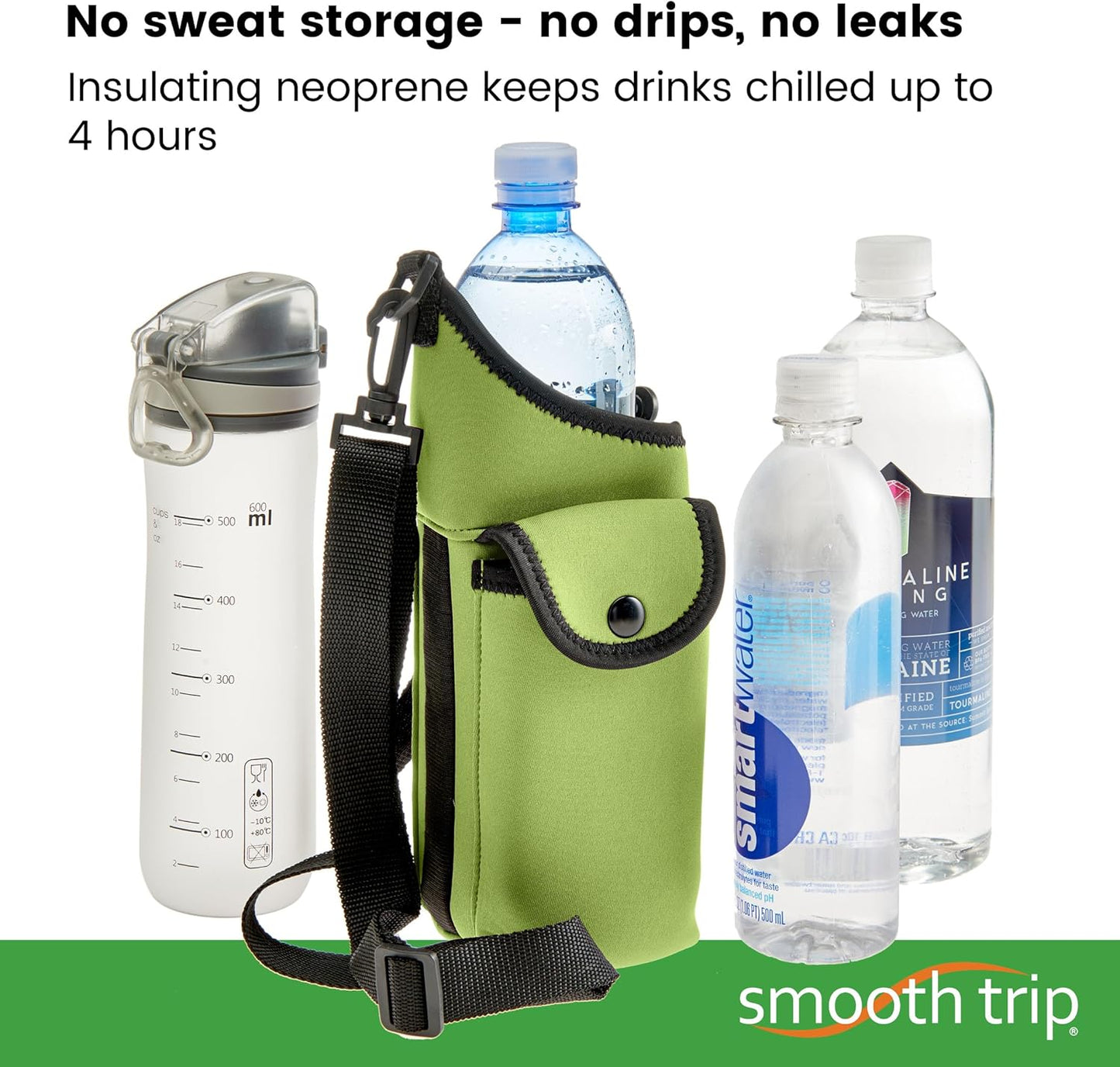 Smooth Trip AquaPockets Water Bottle Holder - Insulating Neoprene Sling Bag With Phone Pouch and Adjustable Strap for Walking and Hiking - Fits up to 32 oz. Bottles