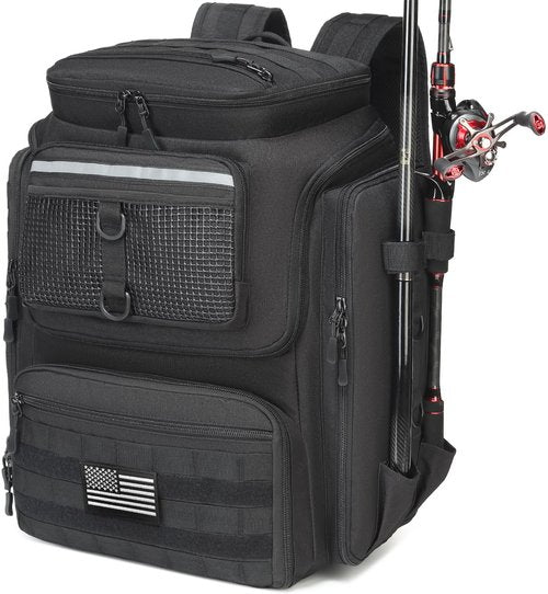 SLINRKE Fishing Backpack with Rod Holders - 45L Large Water-resistant Fishing Tackle Bag for Outdoor Camping Hiking Gear and Equipment, Bag Only (Black)