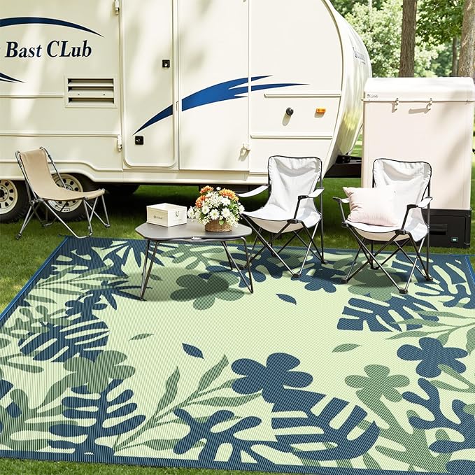 MontVoo Outdoor Rug Waterproof 8x10 ft RV Outdoor Rug for Camping Picnic Mat Outdoor Patio Rug Carpet Plastic Straw Reversible Floral Teal Blue Green