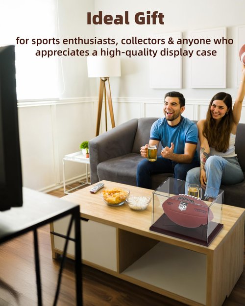 Fitense Football Display Case Acrylic Clear, Football Stand Holder Full Size with Solid Wood Base, UV Protected Football Display Box with Removable for Football Fans & Collectors, Memorabilia & Gift