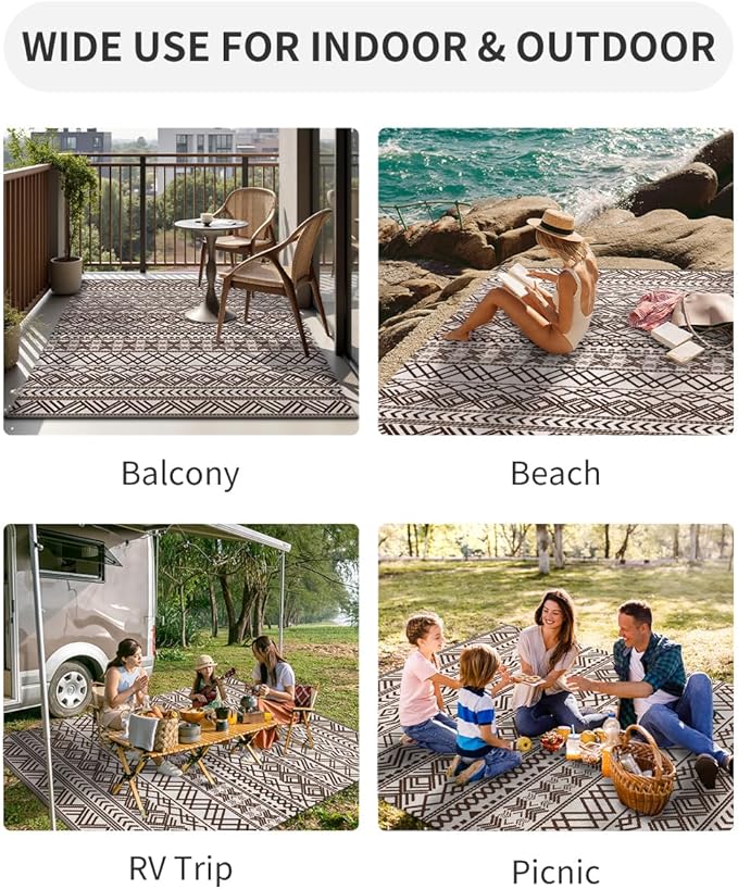 MontVoo-Outdoor Rug Carpet Waterproof 6x9 ft Reversible Patio Rug RV Camping Rug-Plastic Straw Rug Outside Indoor Outdoor Area Rug for Patio Deck Balcony Picnic Beach Outdoor Decor Boho Beige Brown