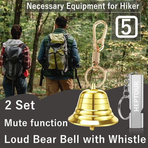 Heptour Loud Bear Bell with Emergency Whistle Set for Hikers, Solid Brass Bear Bells with Silencer，Emergency Whistles and Carabiner for Hiking/Survival/Camping/Climbing/Boating