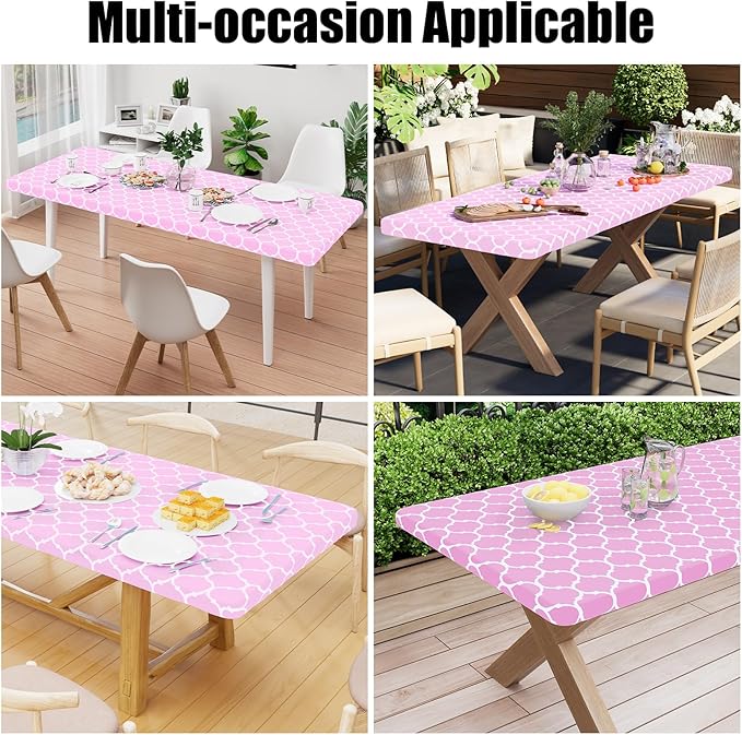 Smiry Rectangle Picnic Table Cover, Waterproof Elastic Fitted Camping Tablecloths for 8 Foot Tables, Wipeable Flannel Backed Vinyl Tablecloth Protector for Indoor, Outdoor (Pink, 30x96 Inches)