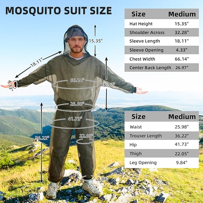 Mosquito Suit, Bug Net Pants & Jacket with Hood, Full Body Bug Suit for Gardening & Outdoor Protection from Bugs, Flies, Gnats, No-See-Ums & Midges, Mosquito Clothing for Women & Men, M Size