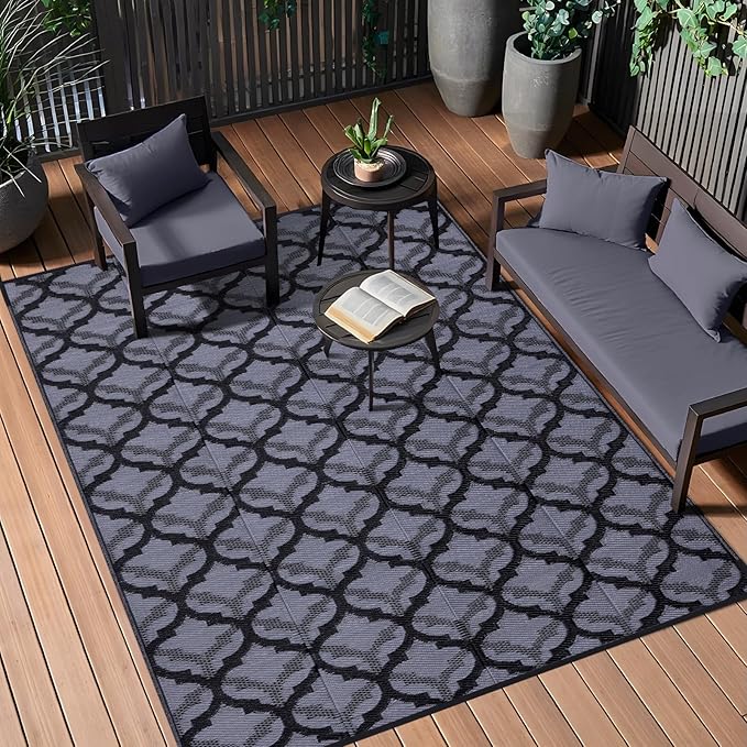 OLANLY Reversible Outdoor Rug 6x9 ft Clearance, Waterproof Outdoor Plastic Straw Rug with Interlacing Pattern, RV Mat for Patio, Camping, Balcony, Deck, Backyard, Black & Grey