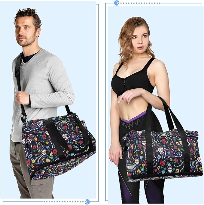 Skull Weekender Bag for Women, Cat Skull with Flowers Gym Sports Duffle Travel Tote with Toiletry Shoes Compartment Dry/Wet Separation Swim Bag