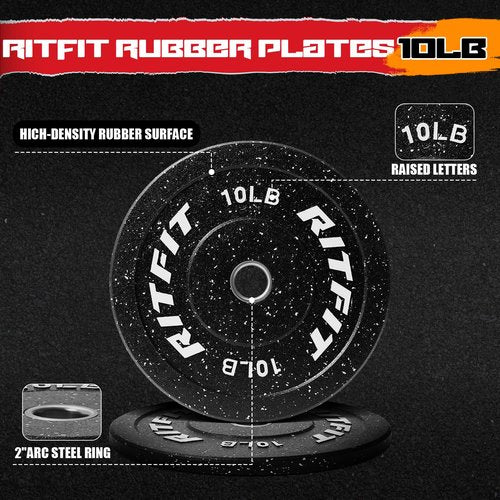 RitFit Bumper Plates, Colored Fleck-Rubber Weight Plates with Steel Insert, 2-inch Olympic Weight Plates for Weight Lifting and Strength Training,10LB Pair