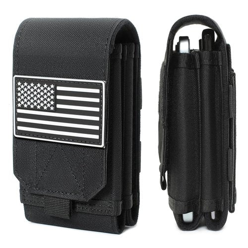 Tactical Molle EDC Phone Pouch Universal Dual Mobile Phone Holster Holder with US Flag Patch (Black)