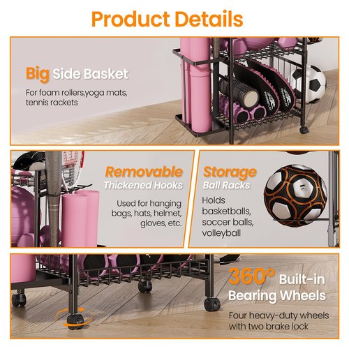 Yoga Mat Storage Rack, Home Gym Storage Rack for Dumbbells Kettlebells Foam Roller and Yoga Strap, Workout Equipment Storage Organizer With Hooks ＆ Wheels, Gym Equipment Storage for Home Exercise