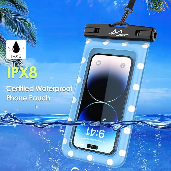 MoKo Large Waterproof Phone Pouch - 2 Pack Floating Water Protector Case Dry Bag with Detachable Lanyard, Compatible for iPhone 15 14 13 Pro Max, Galaxy S23 S22 Ultra, MintGreen+SkyBlue