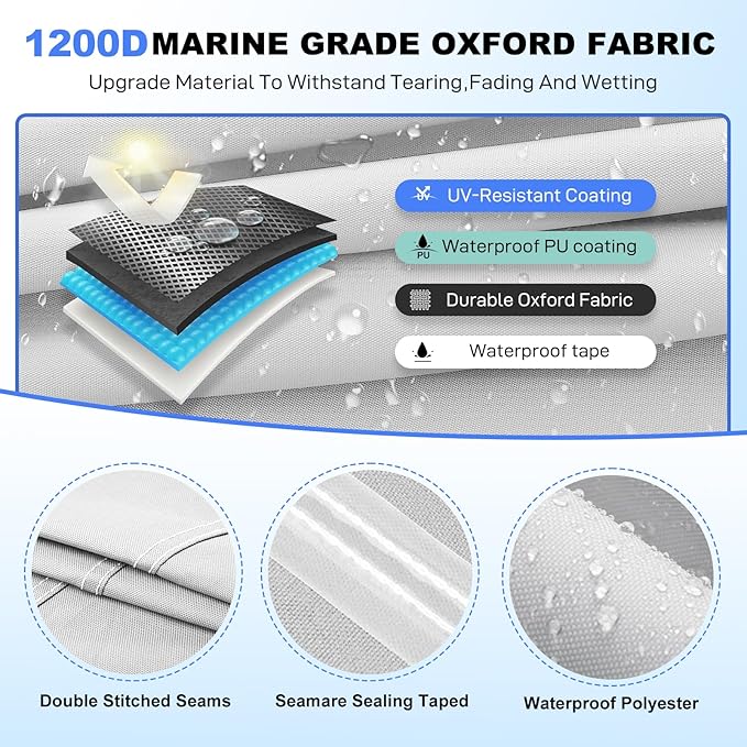 Boat Cover 17-19ft, Bass Tracker Boat Cover with Sand Bag Mooring Kit, 1200D Marine Canvas Waterproof Heavy Duty Boat Covers for 17 feet 18ft 19' Foot V Hull Bass & Runabout Boat,Gray